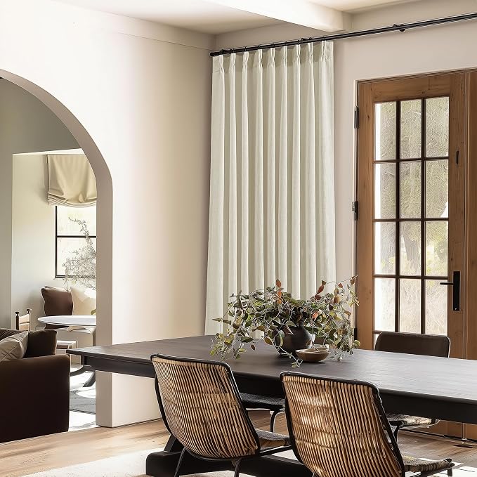 Extra Wide Pinch Pleat 60 x 90 Inch Linen Curtains for Living Room Neutral Beige Light Filtering Semi Sheer Pleated Curtains for Patio Glass Sliding Door Dining Bedroom Large Window 60x90 1 Panel