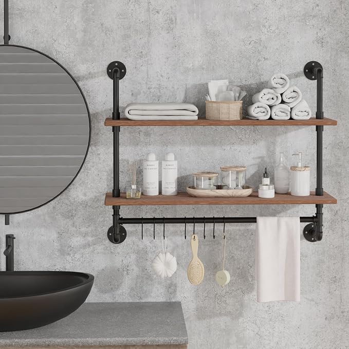 ROGMARS Industrial Pipe Shelving Bathroom Shelves with Towel bar | 30 inch Rustic Floating Shelves Pipe Wall Shelf with Hooks for Living room,Kitchen,Bedroom,Coffee Bar 2 Tier