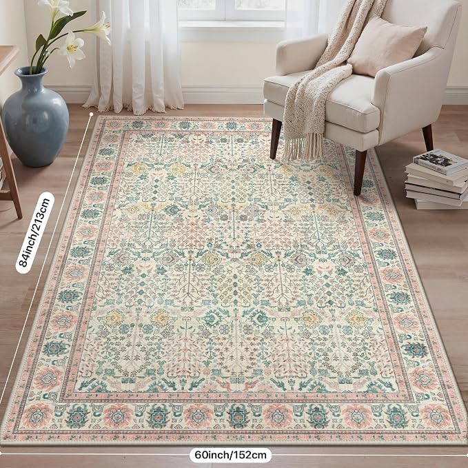 Bavni 2.6x10 Rug Runners for Hallways, Washable Runner Rug Non Slip,Vintage Floral Print Style Rugs for Bedroom-Lightweight Low Pile Carpet for Hallways Bathroom, Pink