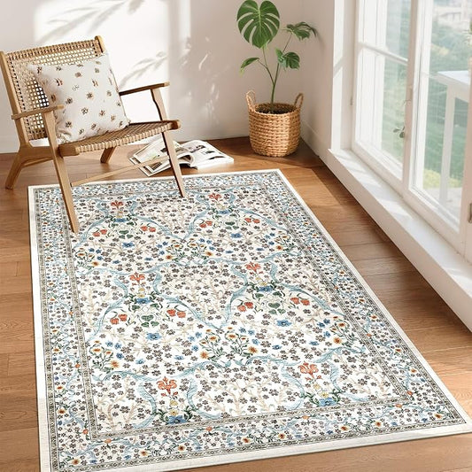 GarveeHome 4x6 Washable Area Rug for Living Room, Floral Large Entryway Kitchen Rug Non Slip, Ultra Soft Stain Resistance Carpet for Bedroom Laundry Room, Beige