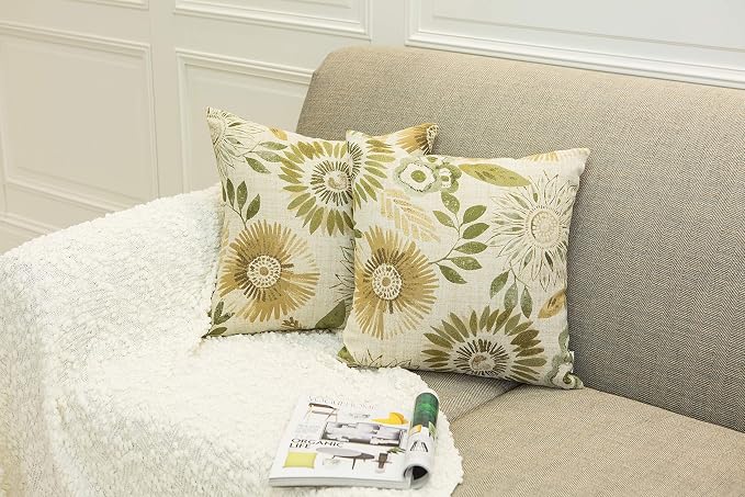 Mika Home Pack of 2 Decorative Throw Pillows Cases Cushion Cover for Sofa Couch Bed,Sunflower Pattern,20x20 Inches,Green Cream