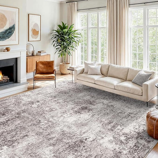 10x10 Square Living Room Area Rug - Washable Large Non-Slip Rug Modern Abstract Floor Carpet Neutral Thin Low-Pile Indoor mat for Bedroom Dining Room Playroom (Gray Cream,10x10)