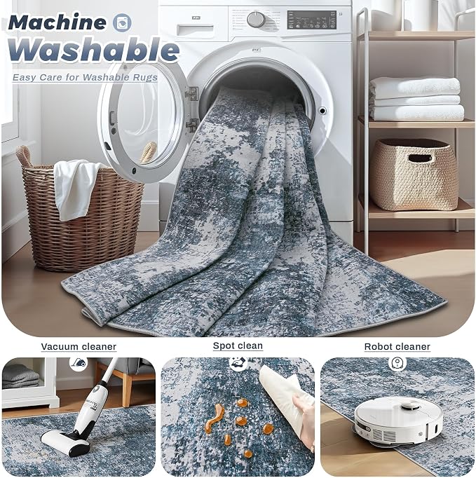 pmtsns Area Rugs 8x10 for Living Room: Washable Rug Modern Abstract Neutral Soft Non-Slip Low-Pile Indoor Large Carpet for Bedroom Dining Room Playroom Home Office (Blue Grey, 8'x10')
