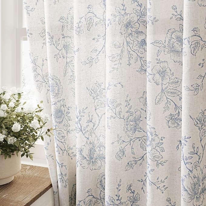Blue Floral Curtains 80 inch Length Back Tab Farmhouser Living Room Light Filtering Curtains Blue Pattern Print on Cream White Linen Curtain Panel Minimalist Aesthetic Sketch Style Vintage Room Decor