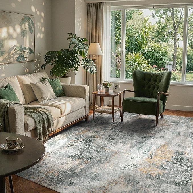 Lahome Washable 5x7 Area Rugs for Living Room, Grey Neutral Modern Abstract Rug for Bedroom Non Slip, Soft Contemporary Low Pile Indoor Carpet for Dorm Guest Dining Room Table Apartment