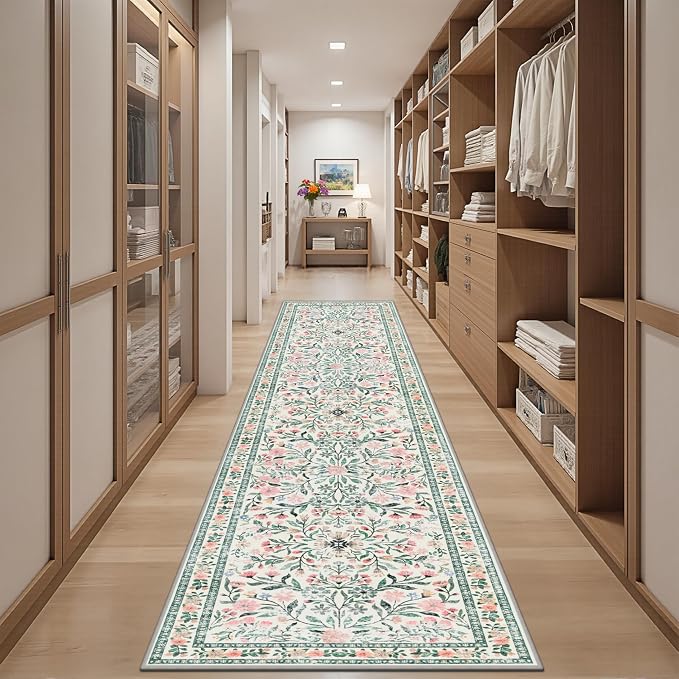 Runner Rug for Entryway: 2.6x10 Kitchen Rugs Non Slip Washable Ultra-Thin Soft Floral Carpet Indoor Floor Stain Resistant Carpets for Hallway Bedroom Kitchen Laundry Bathroom Dorm Green/Beige