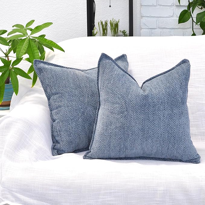 Pillow Covers 20x20 Set of 2 Dusty Blue Modern Mid Century ZigZag Textured Pillowcase Chevron Weave Pattern Velvet Soft Chenille Luxirious Herringbone Cushion Cover For Living Room Couch Sofa Bed