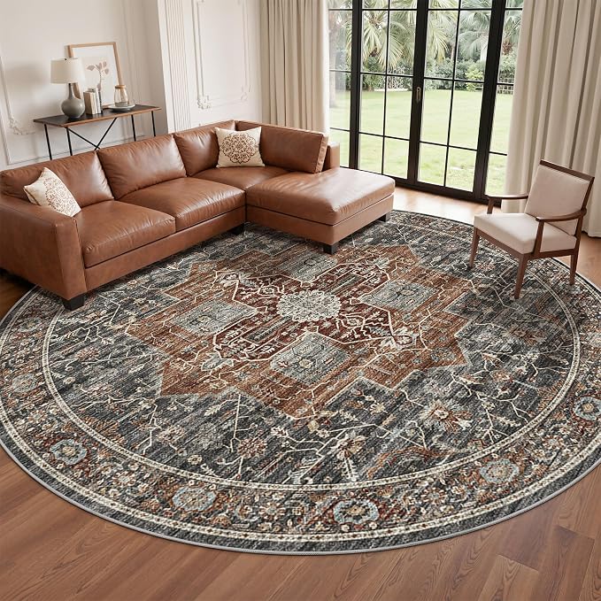 Roxstand Washable 8ft Round Rug - Vintage Large Non-Slip Circle Rugs for Living Room, Low-Pile Stain Resistant Round Area Rug for Bedroom Dining Room (Grey/Brown/Tan)