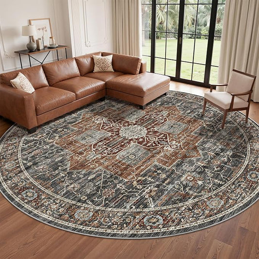 Roxstand Washable 8ft Round Rug - Vintage Large Non-Slip Circle Rugs for Living Room, Low-Pile Stain Resistant Round Area Rug for Bedroom Dining Room (Grey/Brown/Tan)