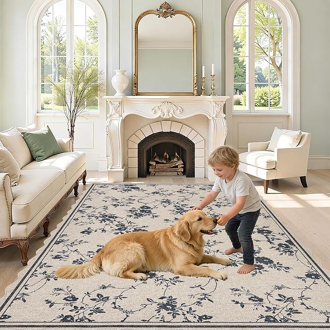 ORTIGIA Scalloped Easy Jute 5x7 Area Rug Vintage Black Floral Farmhouse Washable Rug Non-Slip Indoor Outdoor Carpet for Living Room Bedroom Patio Entryway