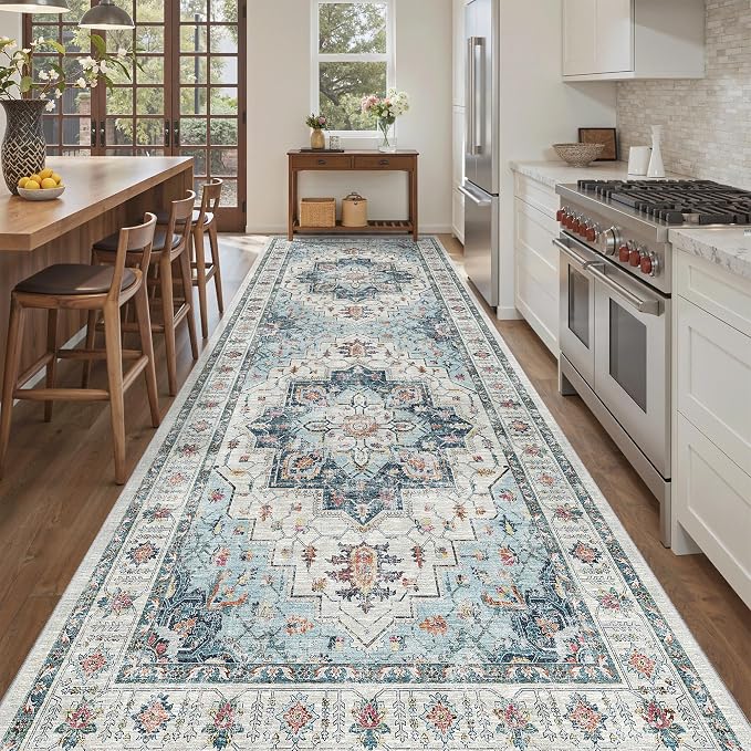 Madane 4x10 Wide Hallway Runner Rug Washable for Living Room, Blue | Soft Stain Resistant Ktichen Runners 10ft, Vintage Non Slip Low Pile Area Rugs, Thin Floor Carpet for Bathroom Dining Bedroom