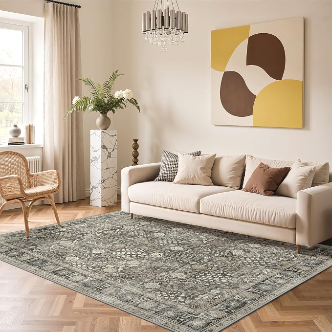 Bavni Area Rugs for Living Room, 5X7 Washable Rug Non-Slip Washable，Ultra-Thin Aesthetic Boho Rug for Bedroom Dinning Room Office,Beige/Brown