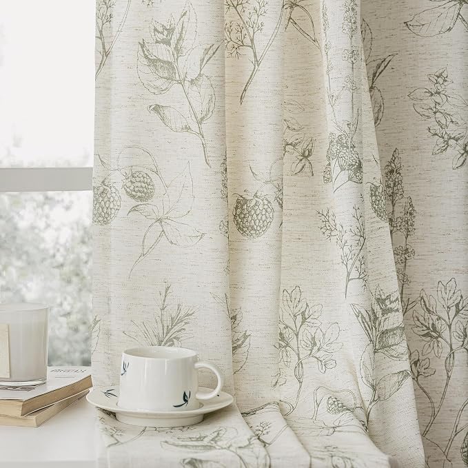 FMFUNCTEX Linen Curtains Floral Patterned Curtain for Bedroom Living Room, Sage Green Curtains 96 Inches Long Farmhouse, Light Filtering Beige Window Curtain Grommet Top 2 Panels Set