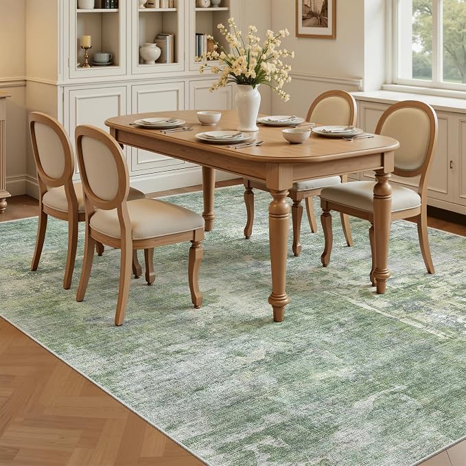 Soalmost Abstract Rug 5x7 Machine Washable Area Indoor Green Low Pile Non-Slip Foldable Thin Accent Rugs for Bedroom Living Room Dining Room