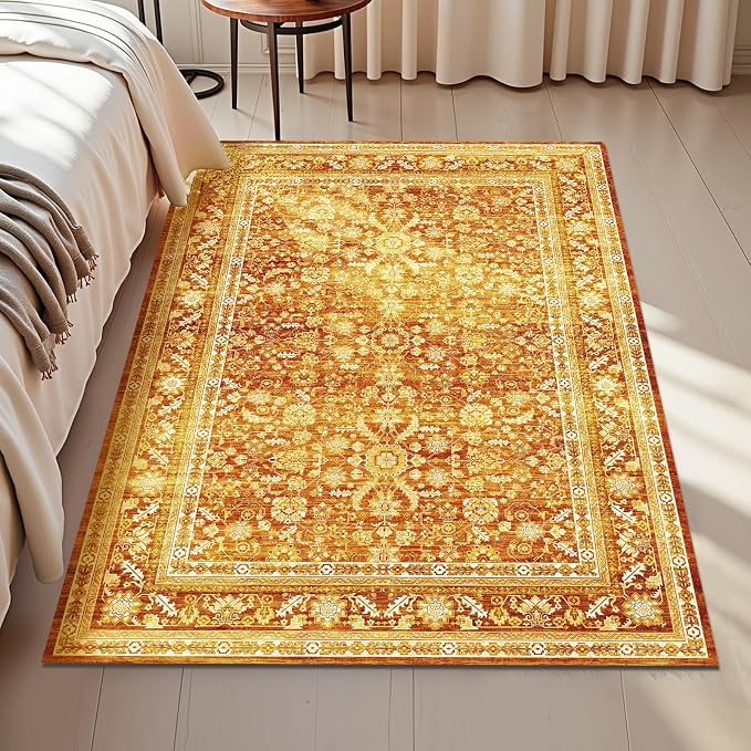 OPPODREAM Vintage Orange Area Rugs 3x5, 3 x 5 Retro Washable Rug Non Slip, Low-Pile Faux Wool Carpet, Distressed Floor Mat for Living Room, Bedroom, Kitchen, Office, Dorm, Dinning Room