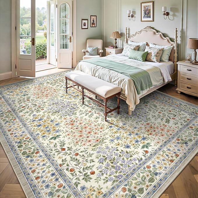 9x12 Area Rugs, Machine Washable Low Pile Floral Rugs for Living Room, Bedroom, Large Boho Area Rug with Non-Slip Backing for Dining Room(Beige Floral)