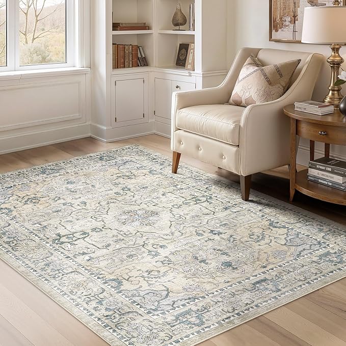 cotiled 4x6 Area Rug Machine Washable Vintage Carpet for Living Room Bedroom Soft Non-Slip Backing Floor Mat Kid & Pet Friendly Stain Resistant Green