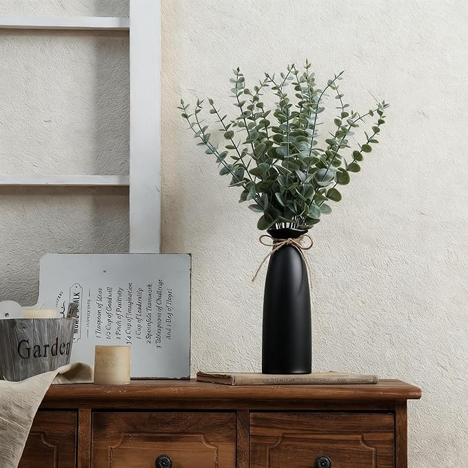 Vase with Greenery, 20pcs Artificial Eucalyptus Stems in Black Vase, Fake Plant Home Decor, 19" Decorative Faux Plants for Home Farmhouse Mantle Centerpiece Decor