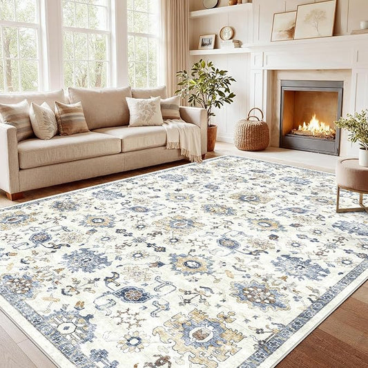 AMADA HOMEFURNISHING 10x14 Washable Area Rug, Low-Profile Large Area Rug with Non-Slip Backing & Durable Edge Binding, Vintage Large Rugs for Living Room, Bedroom & Dining Room