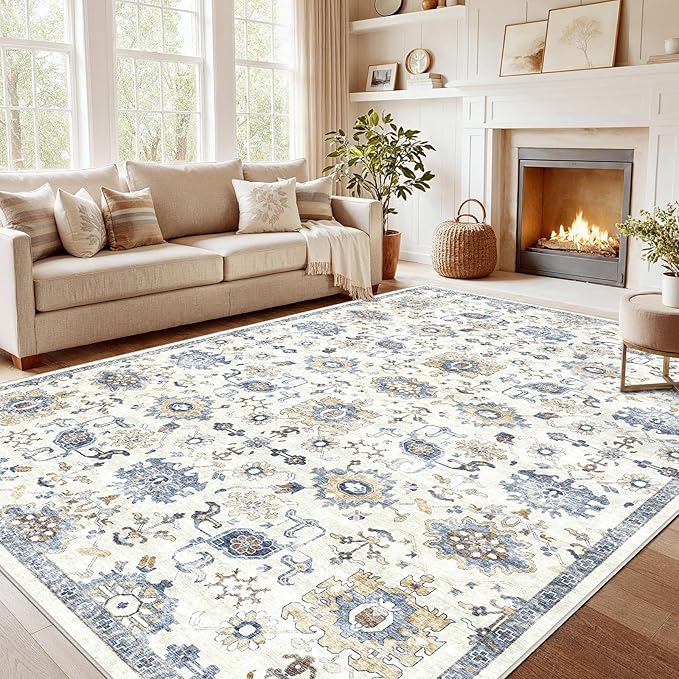 AMADA HOMEFURNISHING 10x14 Washable Area Rug, Low-Profile Large Area Rug with Non-Slip Backing & Durable Edge Binding, Vintage Large Rugs for Living Room, Bedroom & Dining Room