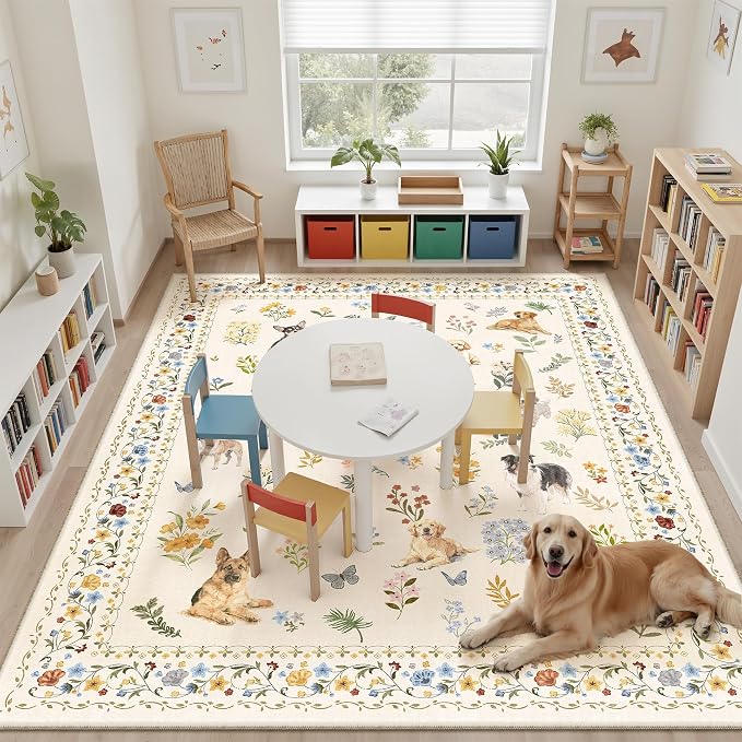 Soalmost Dog 8x10 Area Rugs for Living Room, Machine Washable Animal Floral Vintage Rug Non-Slip Low Pile Soft Throw Large Rugs for Classroom Bedroom Dining Room Nursery Playroom (8 x 10,Beige)