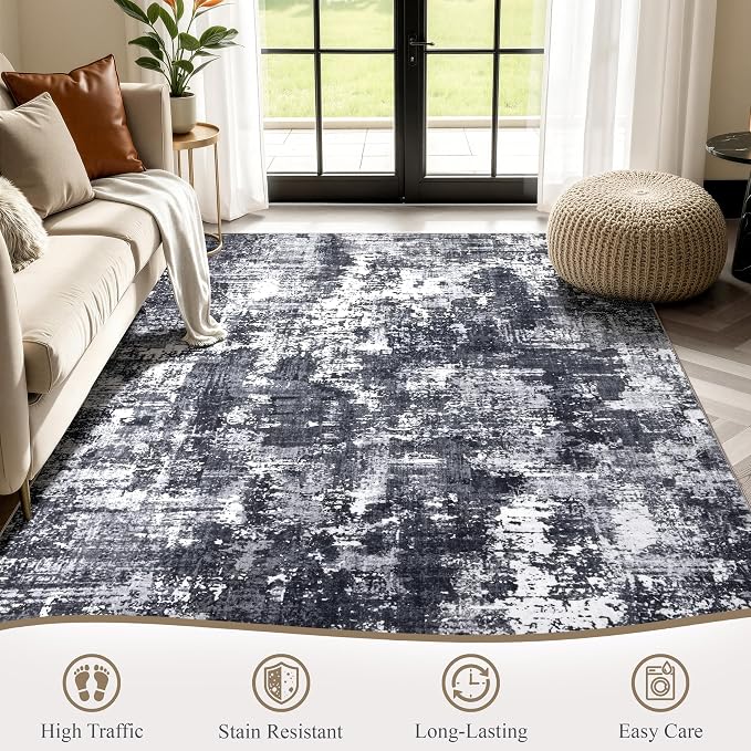 Sasttie 4x6 Soft Area Rug for Living Room, Modern Abstract Washable Carpet for Bedroom, with Non-Slip Backing, Black and White