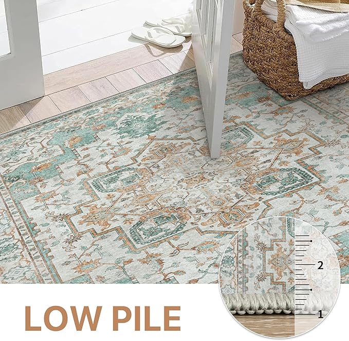 GENIMO 9x12 Area Rugs for Living Room, Machine Washable Non Slip Vintage Rugs, Low Pile Lightweight Print Rug for Bedroom, Dining Room, Home Office, Cyan