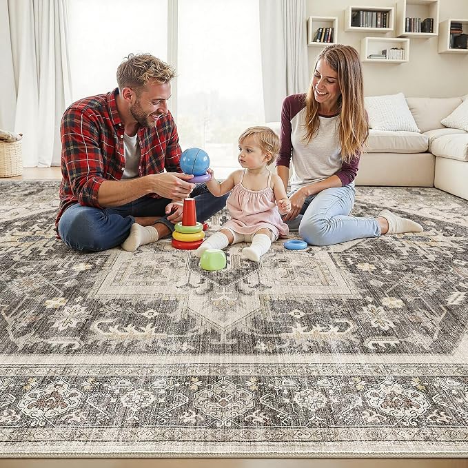 7x9 Area Rugs for Living Room - Large Carpet Ultra Thin Soft Washable Oriental Vintage Floral Distressed Big Indoor Carpets for Bedroom Nursery Dorm Home Decor Aesthetic - Dark Brown