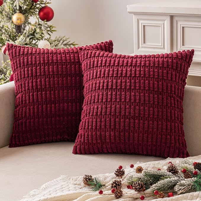 MIULEE Pack of 2 Burgundy Corduroy Decorative Pillow Covers 20x20 Inch Soft Boho Striped Throw Pillow Covers Modern Farmhouse Home Decor for Sofa Living Room Couch Bed