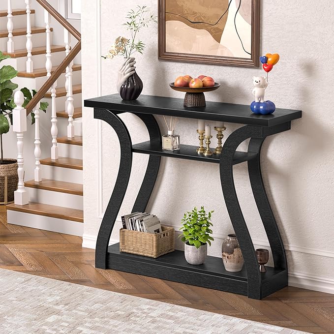 Wooden Console Table with Curved Legs and Shelf, 3-Tier Modern Accent Narrow Sofa Table for Entrance Area, Living Room, Hallway, 47 in Wide Wood Console Table for Entryway (Black)