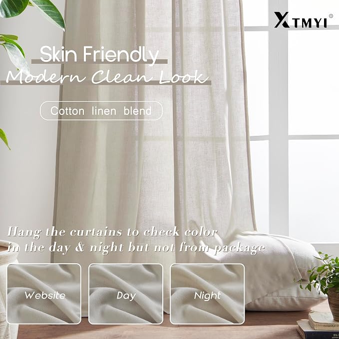 XTMYI Oatmeal Beige Back Tab/Hook Belt Linen Cotton Sheer Curtains 120 Inches Long for Living Room Bedroom 2 Panels Set
