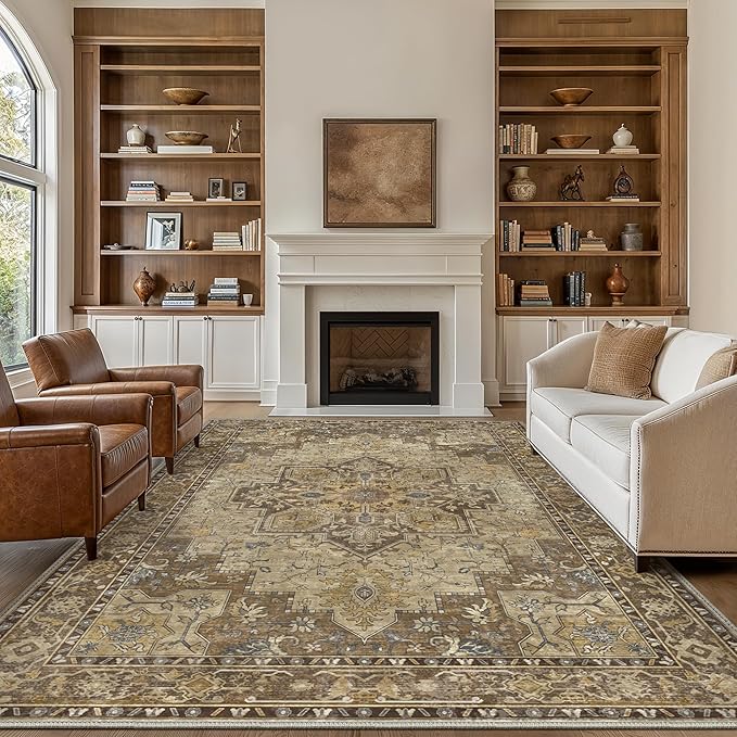 GENIMO 10x14 Area Rugs for Living Room, Machine Washable Non Slip Vintage Rugs, Low Pile Lightweight Print Rug for Bedroom, Dining Room, Home Office, Rustic Brown
