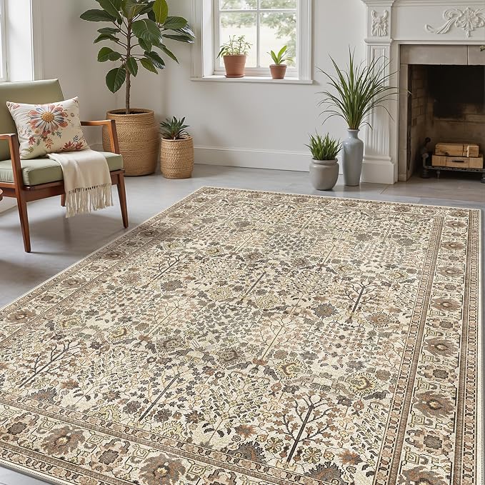 Bavni Area Rugs 5x7, Machine Washable Rugs for Living Room Indoor Non-Slip Carpet Ultra Thin Printed Vintage Rug for Bedroom Dinning Room Nursery Home, Dark Espresso
