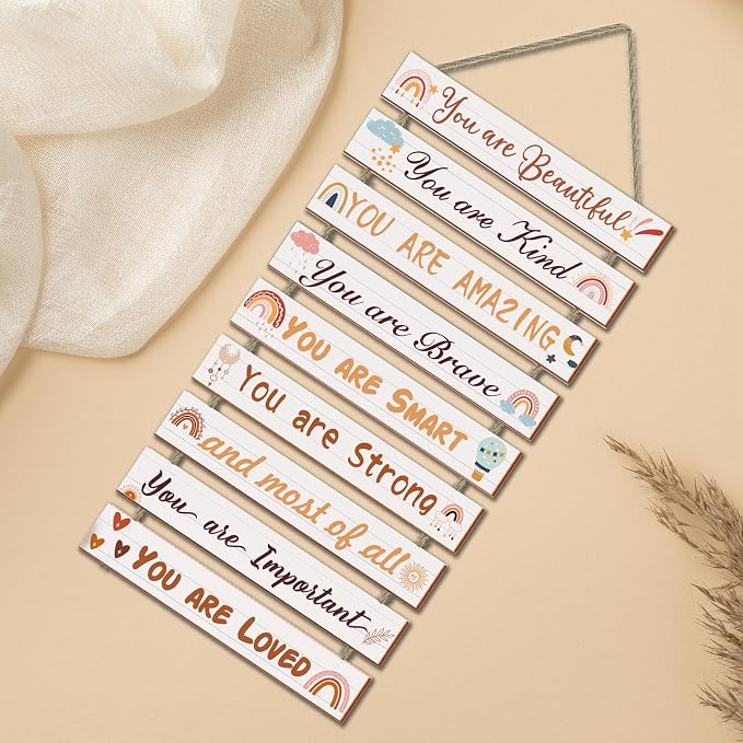 Boho Rainbow Room Decor - 9 Piece Set, Inspirational Wall Decor Hanging Plaques for Nursery & Princess Bedroom