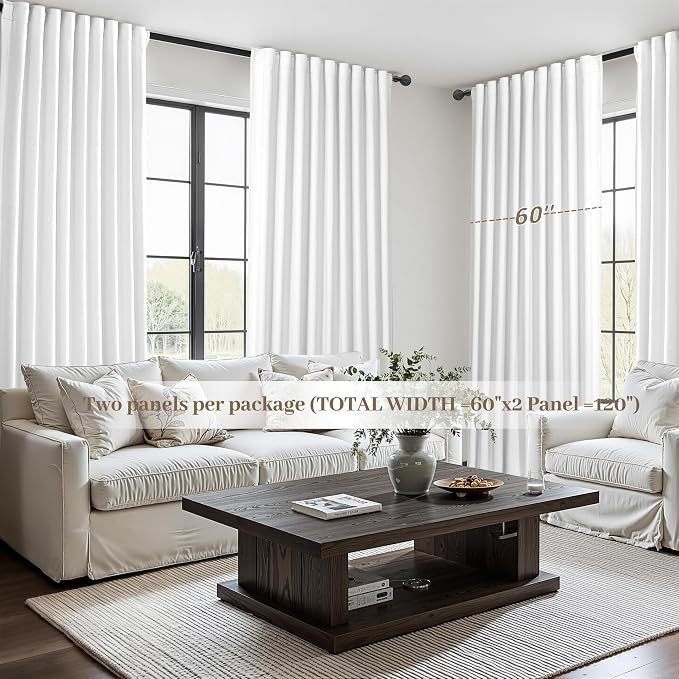 Pure White Blackout Curtains 60 Inches Extra Wide Modern Linen 96 Inch Length for Living Room, Boho Pleated Farmhouse Bedroom Large Window Thermal Heavy Drapes for Winter 60"W x 96"L 2 Panels
