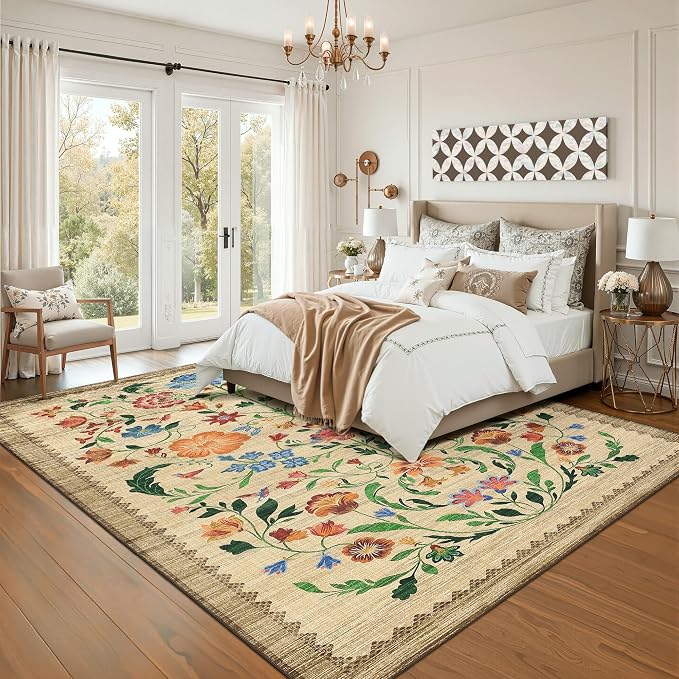 GarveeHome Washable Rug 5x7 Area Rugs for Living Room, Floral Rug for Bedroom, Soft Boho Non Slip Throw Rugs with Rubber Back, Low Pile Stain Resistant Vintage Floral Carpet for Dining Room, Beige