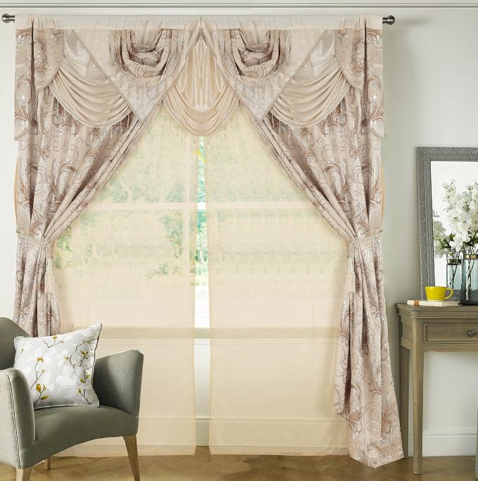 GLORY RUGS Jacquard Luxury Window 2 Panel Set Beige Curtain with Attached Valance and Backing Bedroom Living Room Dining 2 Curtains 55x84 inches Each Jana