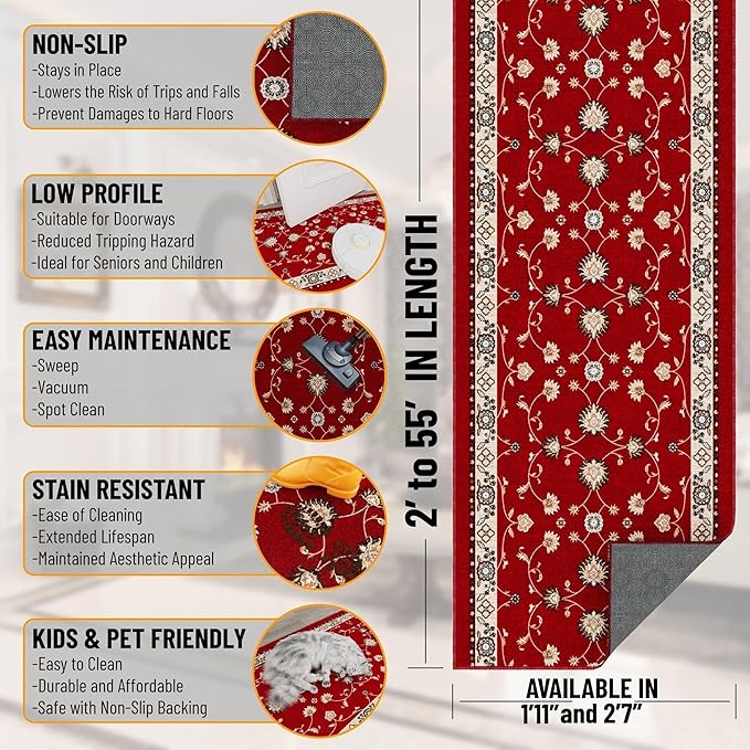 Ottomanson Hallway Runner Rug 2'7" x 10' – Soft Non-Slip Rug, Low Pile Carpet for Entryway, Kitchen & Long Hallways in Apartments and Homes, Mahal Red