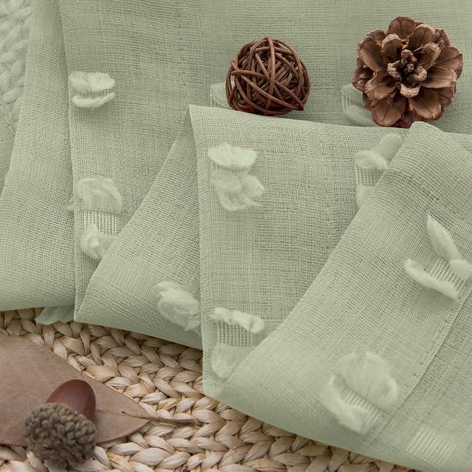 Sage Green Sheer Curtains 96 Inch Long 2 Panels Boho Pom Pom Design Bedroom Curtain Back Tab Soft Modern Farmhouse Lightweight Semi Sheer Greyish Light Green Window Drapes for Sliding Glass Door 52x96