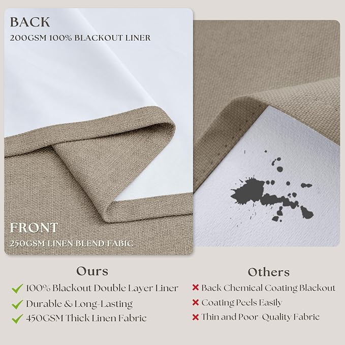 Viral Pleated Blackout Dark Flax 120 Inch Long Curtains Neutral Pinch Pleated Taupe Greige Linen Double Layer 100% Black Out Curtains Soundproof Cottagecore 120 Inch Window Drapes 2 Panels Set