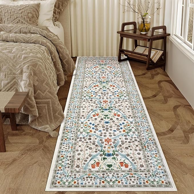 GarveeHome Floral Hallway Runner Rug Non-Slip, 2.5x10 Washable Rugs Ultra-Thin Soft Rug for Hallways, Kitchen Mat Stain Resistant Carpet for Entryway Bathroom, Beige