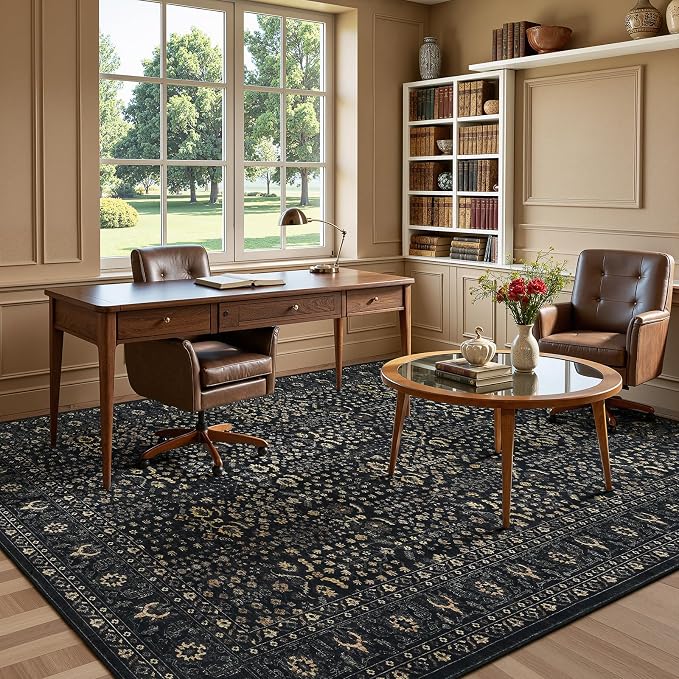 Lofus 8x10 Large Black Area Rug for Living Room & Bedroom Washable Non-Slip | Soft Boho Vintage Area Rugs for Bedroom Dinning Room Home Office Indoor