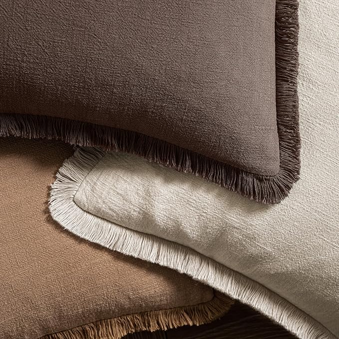 MIULEE Decorative Throw Pillow Covers Neutral Linen Fringe Throw Pillows Euro Shams Set of 2 Reddish Brown Boho Farmhouse Cushion Covers for Couch Sofa Bed Living Room Fall Home Decor 24x24 Inch