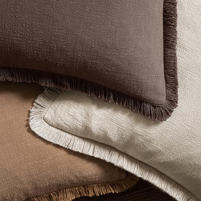 MIULEE Decorative Throw Pillow Covers Neutral Linen Fringe Throw Pillows Euro Shams Set of 2 Reddish Brown Boho Farmhouse Cushion Covers for Couch Sofa Bed Living Room Fall Home Decor 26x26 Inch
