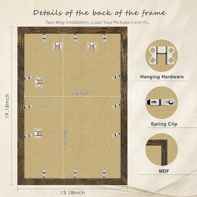 Picrit 12x18 Picture Frame 3 Pack, Wooden Brown Rustic Poster Frame, Display Poster 11 x 17 with Mat or 12 x 18 without Mat for Horizontal or Vertical Wall Mounting
