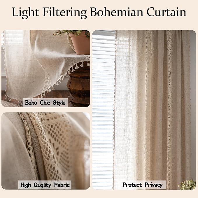 Sutuo Home Boho Curtains for Bedroom Nursery, Bohemian Semi-Blackout Geometric Crochet Hollow Lace Patchwork with Textured Linen Fabric Farmhouse Tassels Rod Pocket Window Drapes, 59"W x 72"L, 1 Panel
