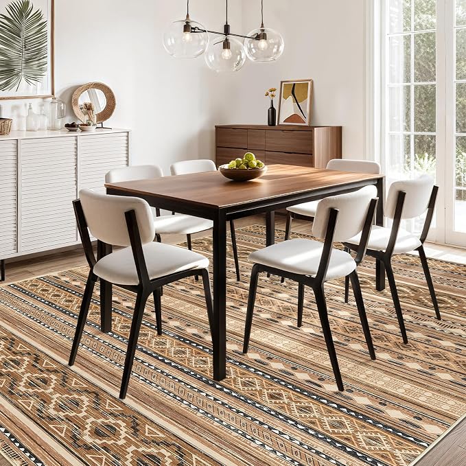 cotiled 7x9 Area Rugs Living Room Rug: Washable Boho Rugs with Non Slip Backing Large Soft Indoor Stain Resistant Carpet for Bedroom Farmhouse Dining Room Lightweight Home Decor Brown/Beige