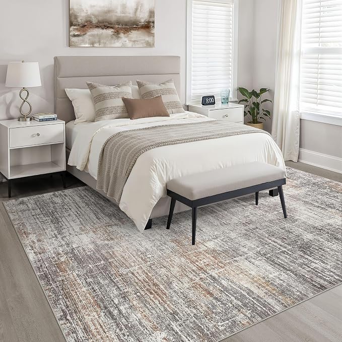 10x14 Area Rugs Living Room: Washable Large Neutral Rug Abstract Soft Modern Stain Resistant Indoor Floor Non-Slip Carpet for Bedroom Nursery Kids Office Playroom Dining Room Under Table- Gray Rust