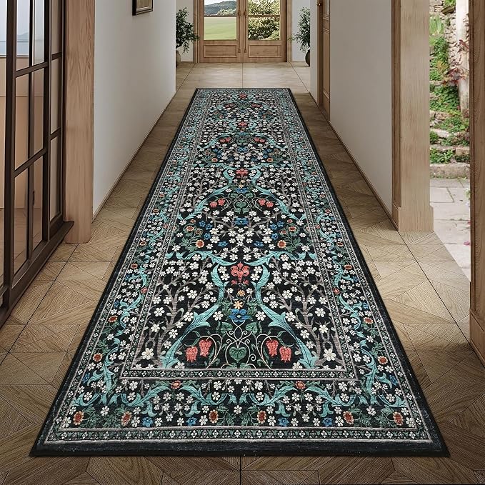 GarveeHome Floral Hallway Runner Rug Non-Slip, 2.5x10 Washable Rugs Ultra-Thin Soft Rug for Hallways, Kitchen Mat Stain Resistant Carpet for Entryway Bathroom, Black