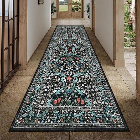 GarveeHome Floral Hallway Runner Rug, 2.5x8 Kitchen Runner Rugs, Washable Non Slip Entryway Rugs Indoor, Ultra-Thin Stain Resistant Carpet Floor Mat for Laundry Room, Black